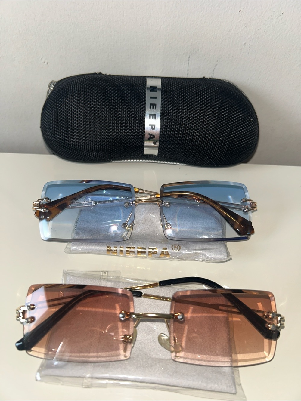 Rimless Rectangle Sunglasses - Blue and Tan Lenses With Case - New